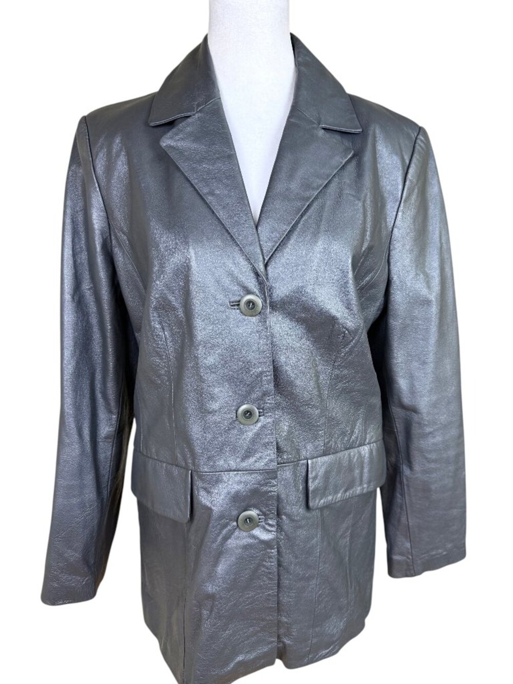 Terry Lewis Leather Coat Metallic Pewter Silver Gray Tailored Jacket Vintage (S)